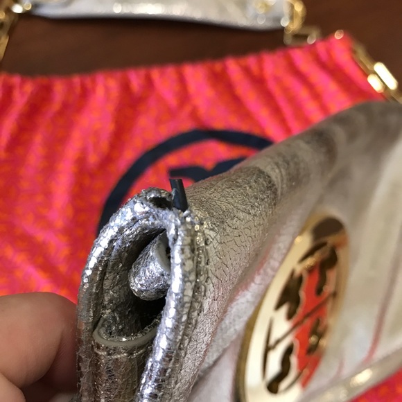Tory Burch metallic logo clutch